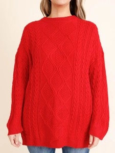 Red jacquard pattern loose knit sweater