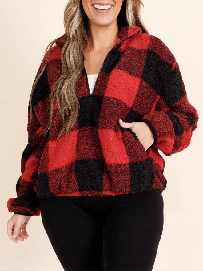 Red plaid zippered pocket hoodie