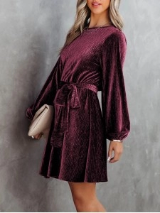 Red Tie Waist Crinkle Velvet Dress