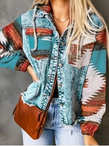 Retro print patchwork hooded denim jacket