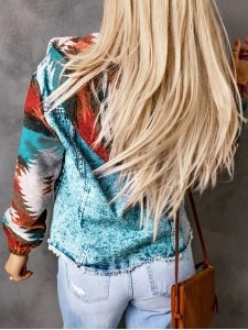 Retro print patchwork hooded denim jacket