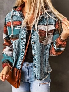 Retro print patchwork hooded denim jacket