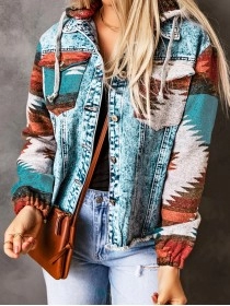 Retro print patchwork hooded denim jacket