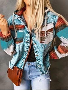 Retro print patchwork hooded denim jacket