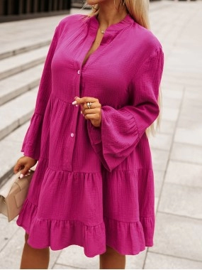 Rose Crinkled Tiered Split Neck Shirt Dress