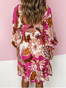 Rose Floral Print Smocked Square Neck Bubble Sleeve Dress