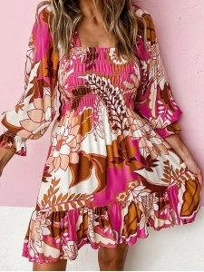 Rose Floral Print Smocked Square Neck Bubble Sleeve Dress