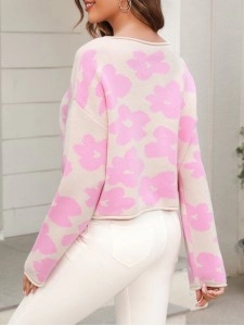 Round Neck Flower Pattern Dropped Shoulder Pullover Sweater