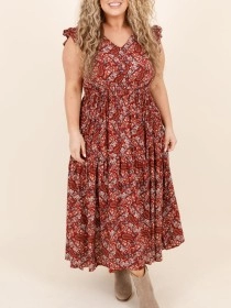 Ruffled Short Sleeve Cashew Nut Print Long Dress