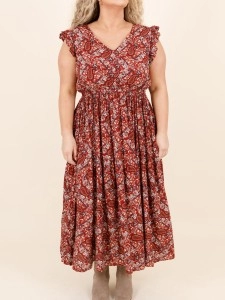 Ruffled Short Sleeve Cashew Nut Print Long Dress