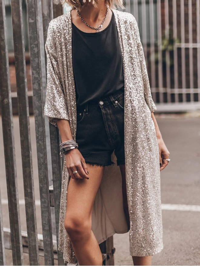 Sequin 3/4 Sleeve Open Front Duster Kimono