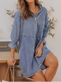 Sky Blue Buttoned Long Sleeve Denim Mini Dress