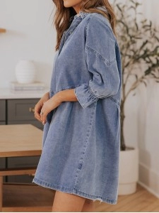 Sky Blue Buttoned Long Sleeve Denim Mini Dress