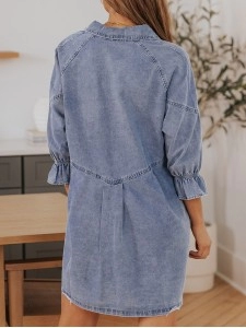 Sky Blue Buttoned Long Sleeve Denim Mini Dress