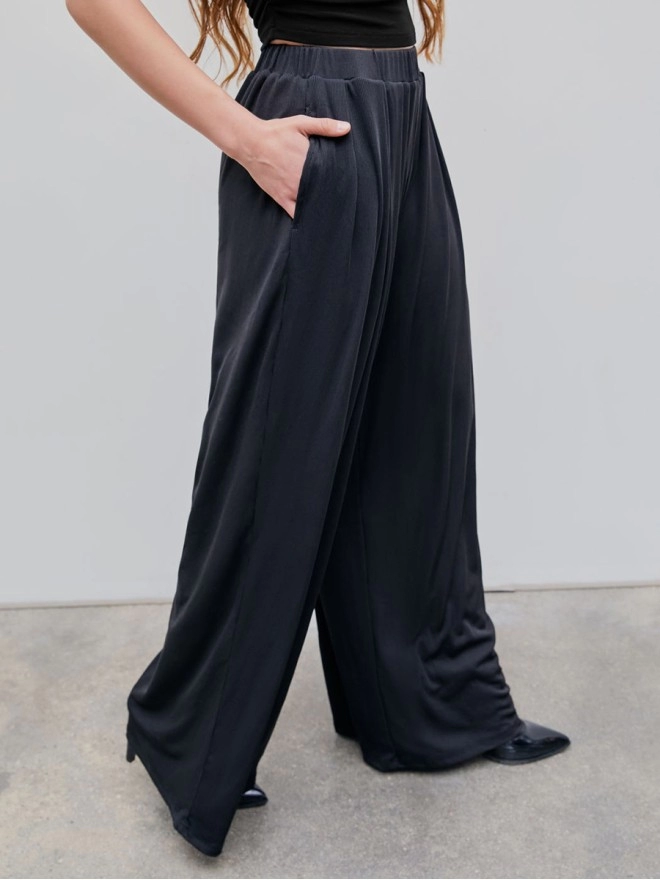 Solid Elastic Waist Wide Leg Pants