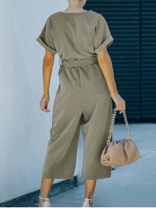 Solid V-neck casual jumpsuit