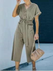 Solid V-neck casual jumpsuit