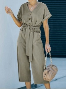 Solid V-neck casual jumpsuit