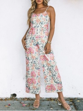 Strap floral casual jumpsuit