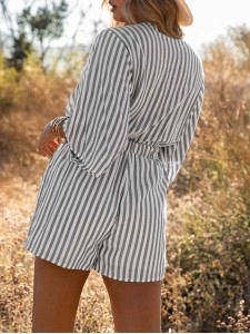 Striped pleated hem off shoulder casual jumpsuit shorts