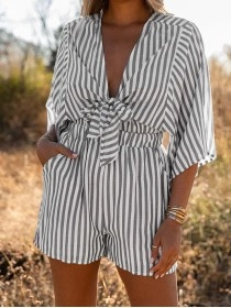 Striped pleated hem off shoulder casual jumpsuit shorts