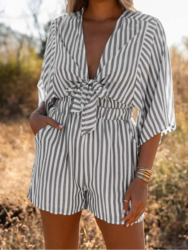 Striped pleated hem off shoulder casual jumpsuit shorts