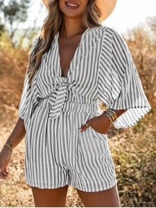 Striped pleated hem off shoulder casual jumpsuit shorts