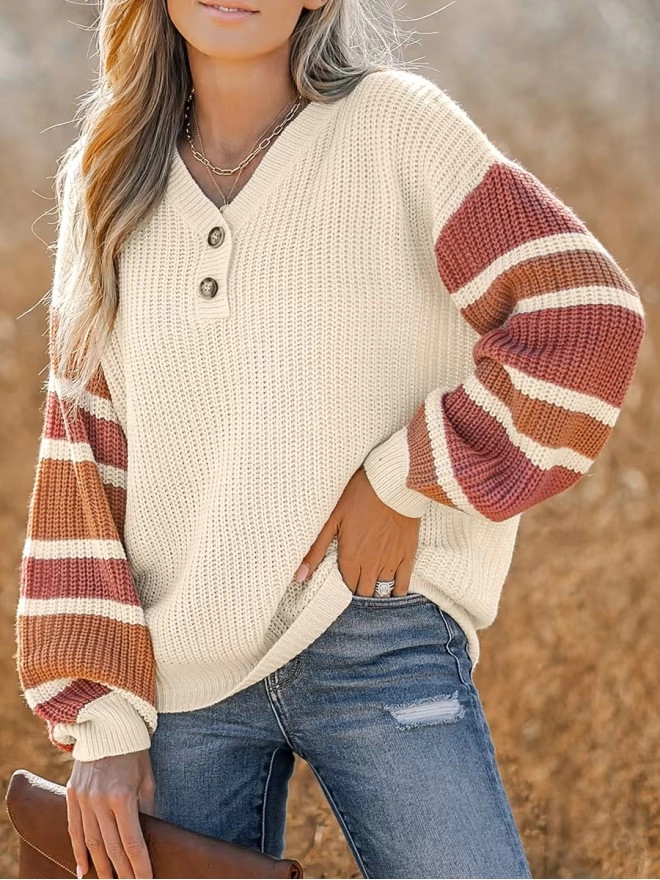 V-neck button-down striped sweater