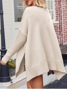 V-Neck Dropped Shoulder Ribbed Long Sleeve Sweater