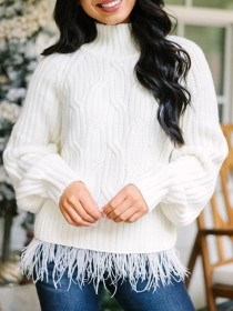 Cream White Feather Trim Sweater