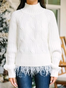 Cream White Feather Trim Sweater