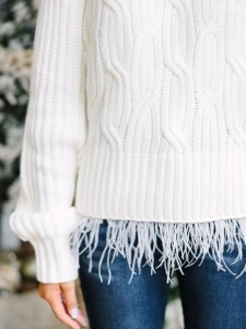 Cream White Feather Trim Sweater