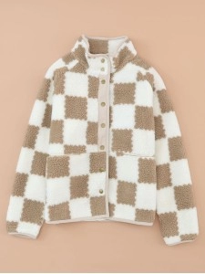 White Checked Snap Button Sherpa Jacket