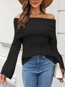 Women's black folded off-shoulder sweater