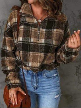 Women's casual plaid sherpa sweatshirt