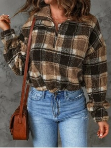 Women's casual plaid sherpa sweatshirt