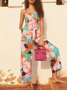 Women's floral-print holiday loose wide-leg jumpsuits