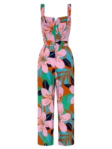 Women's floral-print holiday loose wide-leg jumpsuits