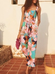 Women's floral-print holiday loose wide-leg jumpsuits