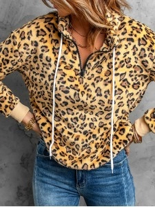 Women's leopard print drawstring long sleeve sweatshirt