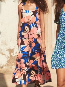 Women's printed holiday dress with shoulder floral print