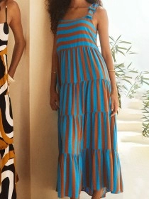 Women's printed holiday dress with straps and stripes